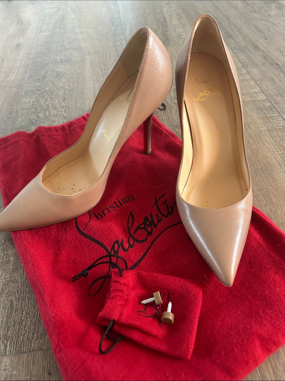 Christian Louboutin Nude Patent Leather Pointed Toe Pumps